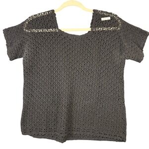 Handmade Womens‎ Black Crochet Knit Short Sleeve Top Square Neck Boho Open Weave